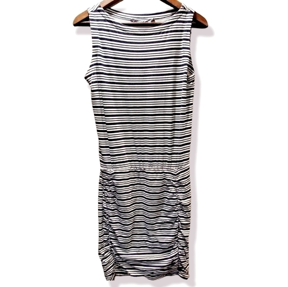 Athleta Striped Ruched Boatneck Midi Dress